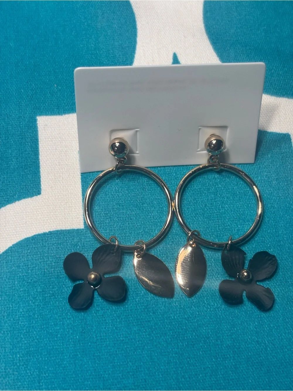 New Gold Hoop Earrings with Black Flower & Leaf Charms
